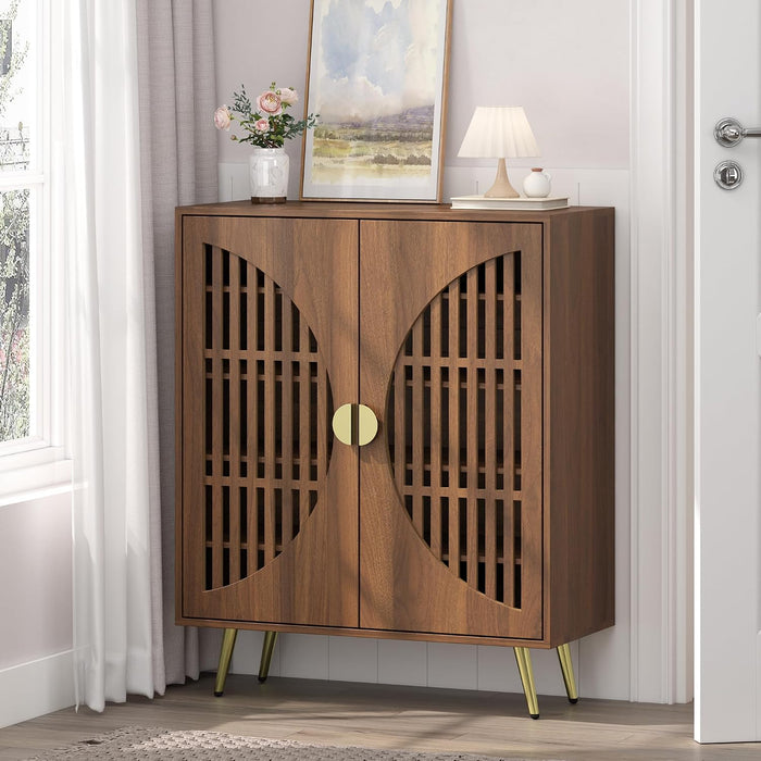 5-Tier Walnut Shoe Storage Cabinet with 2 Slatted Doors, Shoe Cupboard with Adjustable Shelves, Wooden Shoe Rack Organizer for Entryway, Hallway, Closet, Living Room