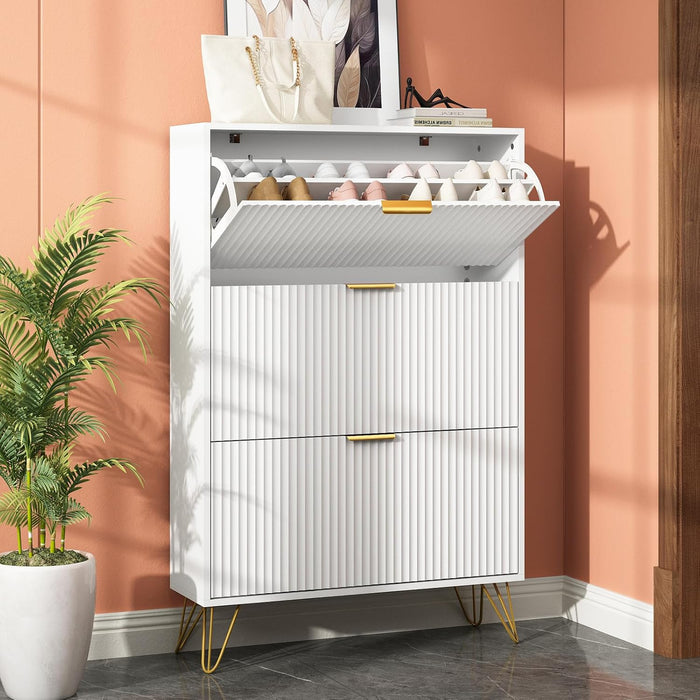 48"H Fluted Shoe Storage Cabinet with 3 Flip Drawers for Entryway, White