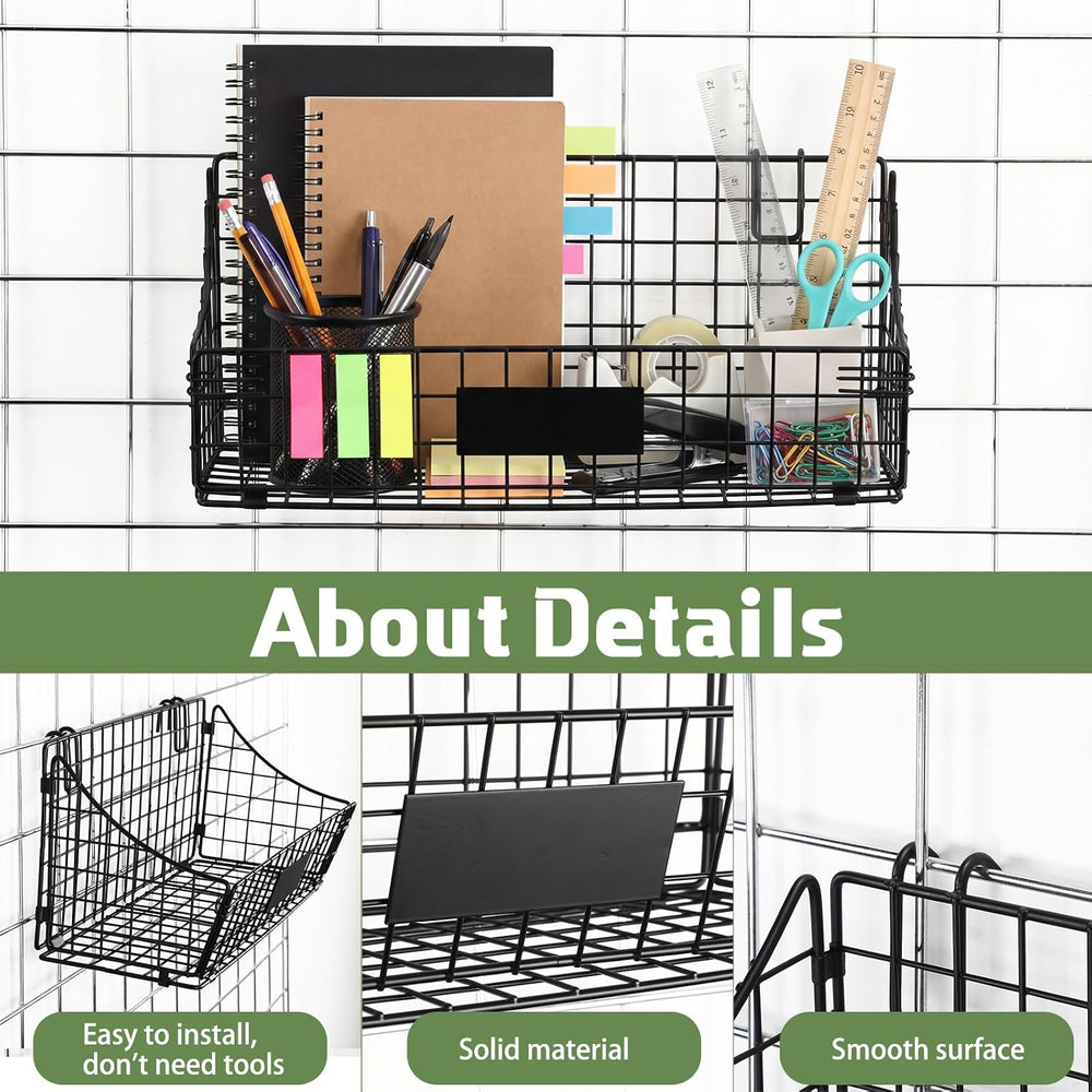 Blulu 4 Pcs Grid Wall Baskets, Wire with Hooks for Hanging, 15 x 7 x 6 Inch