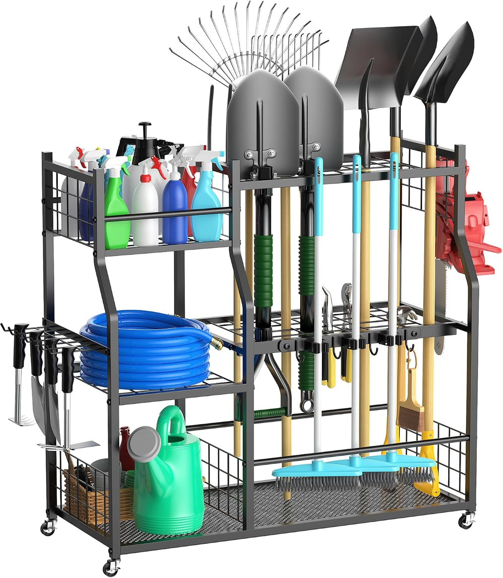 Garden Tool Organizer with Wheels, Rolling Storage Rack for Garage