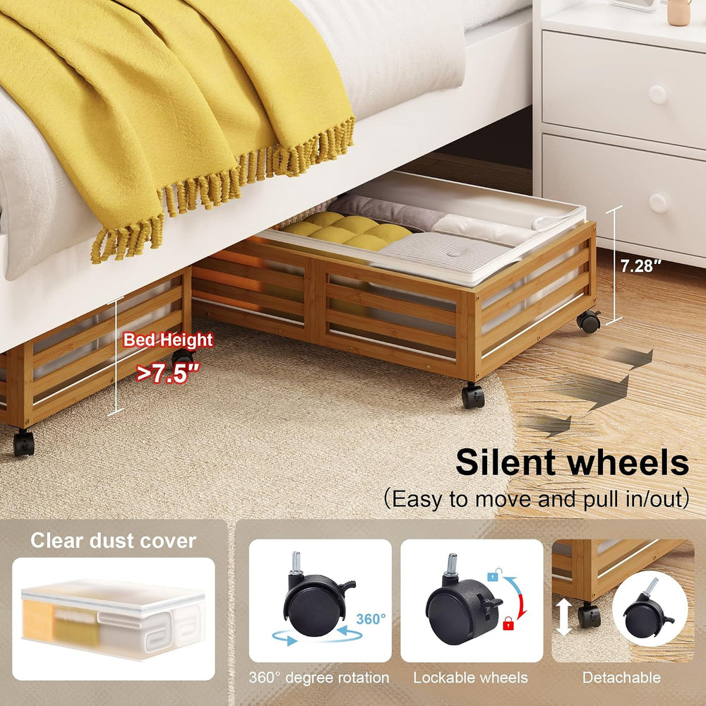Under Bed Storage with Wheels-Large Bamboo Underbed storage Containers with L...