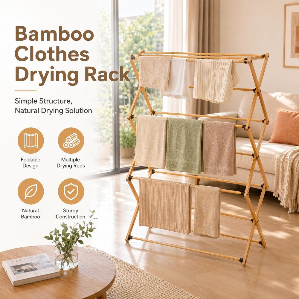 Bamboo Clothes Drying Rack, 3-Tier Tall Laundry Drying Rack