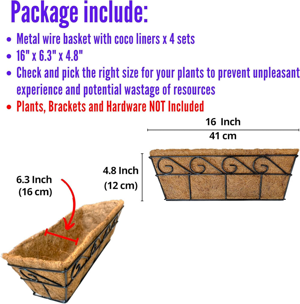 LaLaGreen Window Boxes for Plants (16 in, 4 Pack) Black Coco Liner Trough