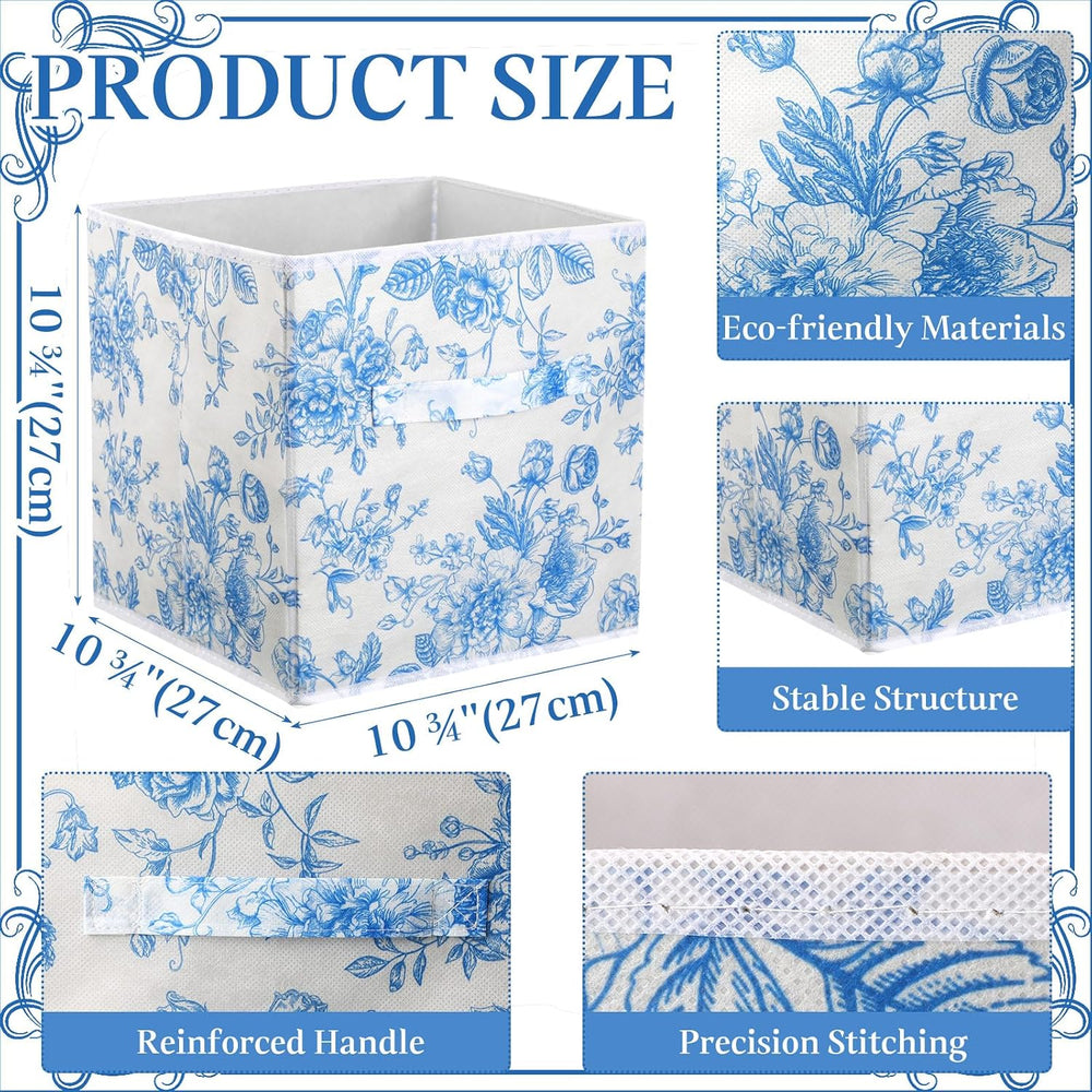 Geelin 6 Pcs Blue Floral Cube Storage Bins 11 Inch Storage Basket