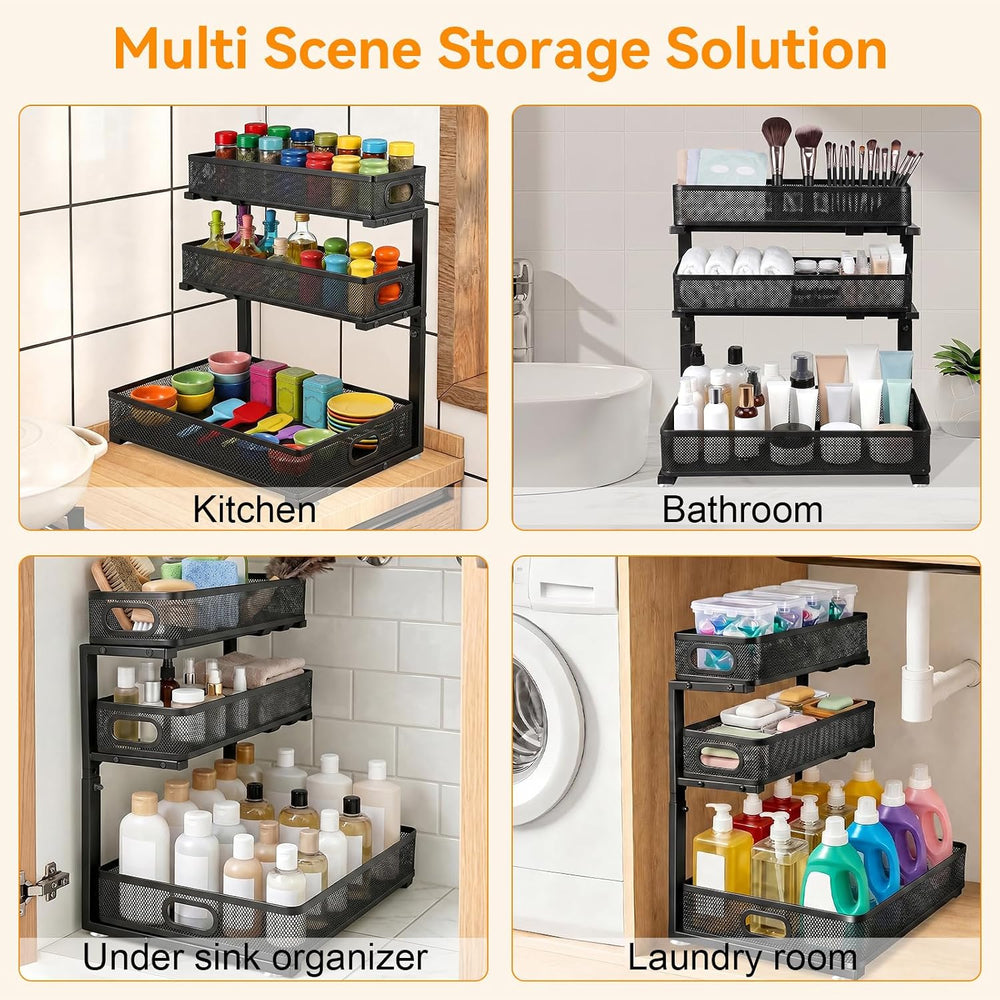 3 Tier Adjustable Under Sink Organizer for Bathroom & Kitchen(1Pack, Black)
