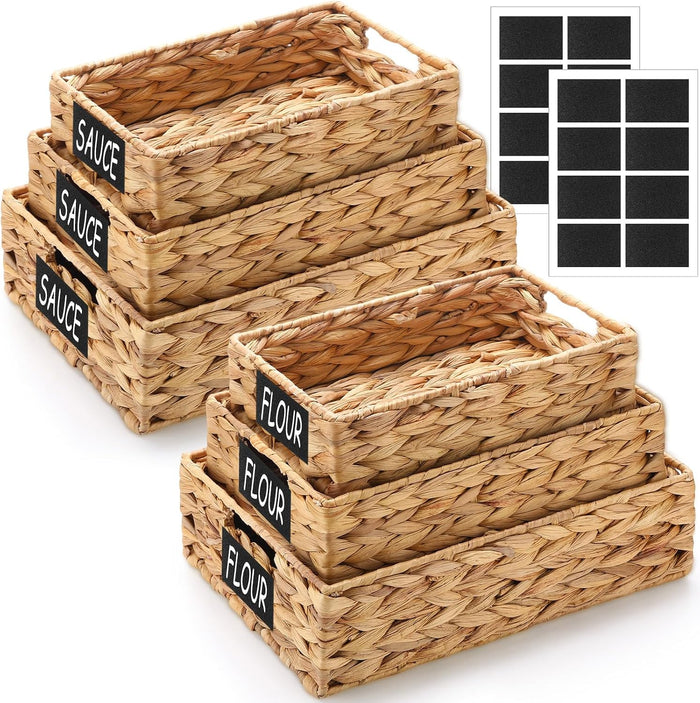 Reallnaive Set of 6 Water Hyacinth Pantry Storage Baskets Wicker Storage Baskets Woven Organizers with Chalkboard Label for Organizing Shelves, Bedroom, Living Room (Large, Medium, and Small)