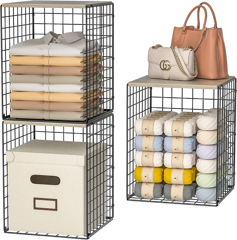 3-Pack Taller Closet Organizers and Storage with Wood Top, Stackable Wire Sto...