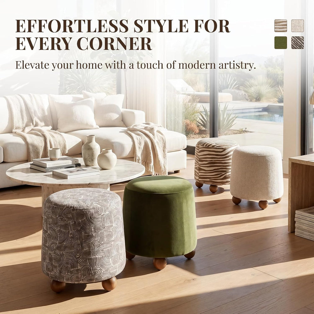 Hyfirm Round Ottoman for Living Room Boho Foot Stool with Rubberwood Legs