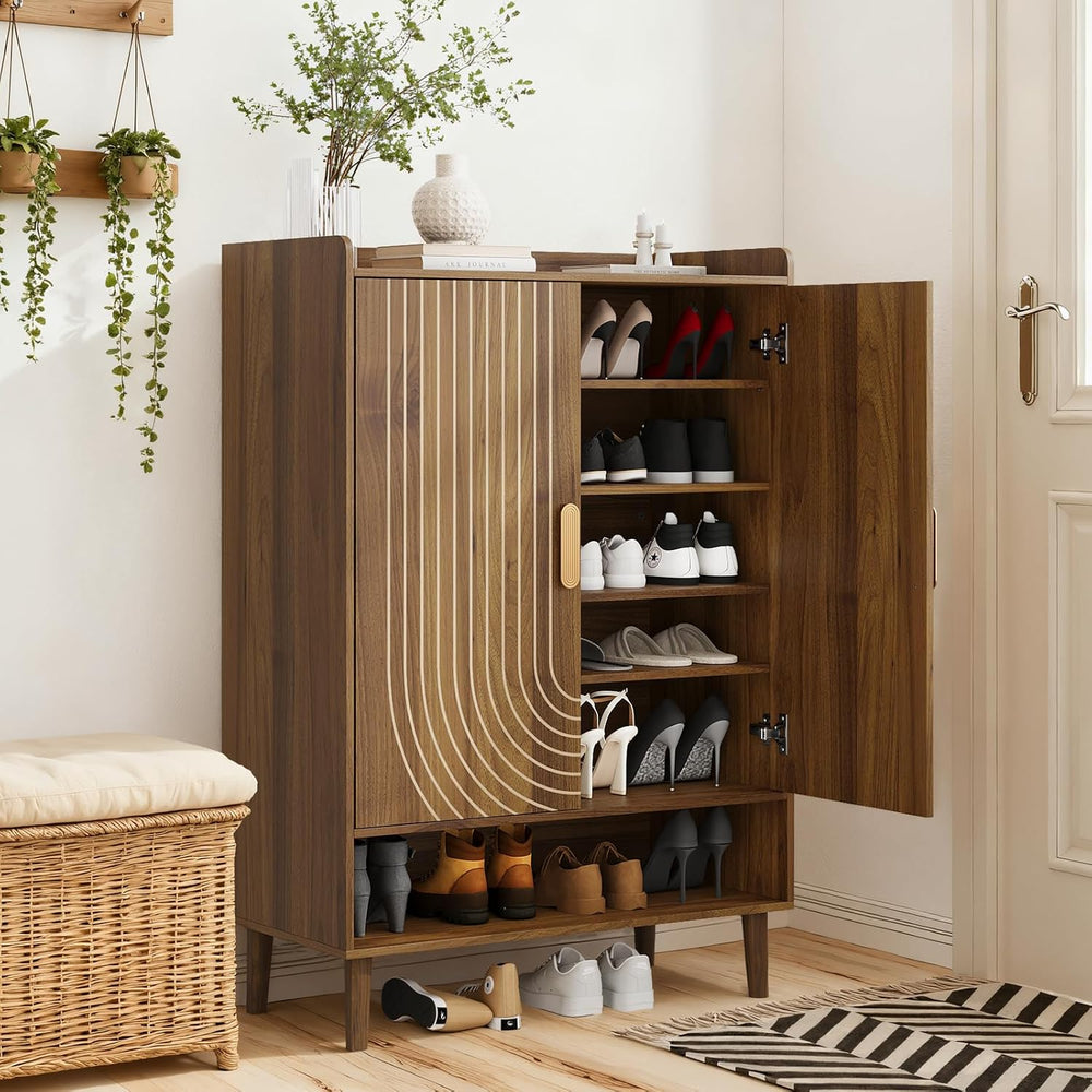 Smuxee Walnut Shoe Cabinet with Line Groove Design, 6-Tier Shoe Storage Cabin...