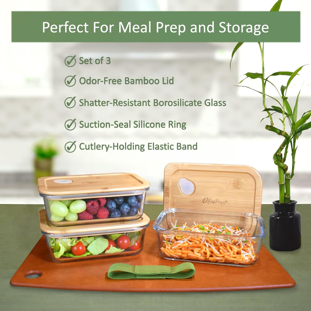 EcoPreps Patented Glass Meal Prep Containers with Bamboo Lids, 3 Pack, 36oz