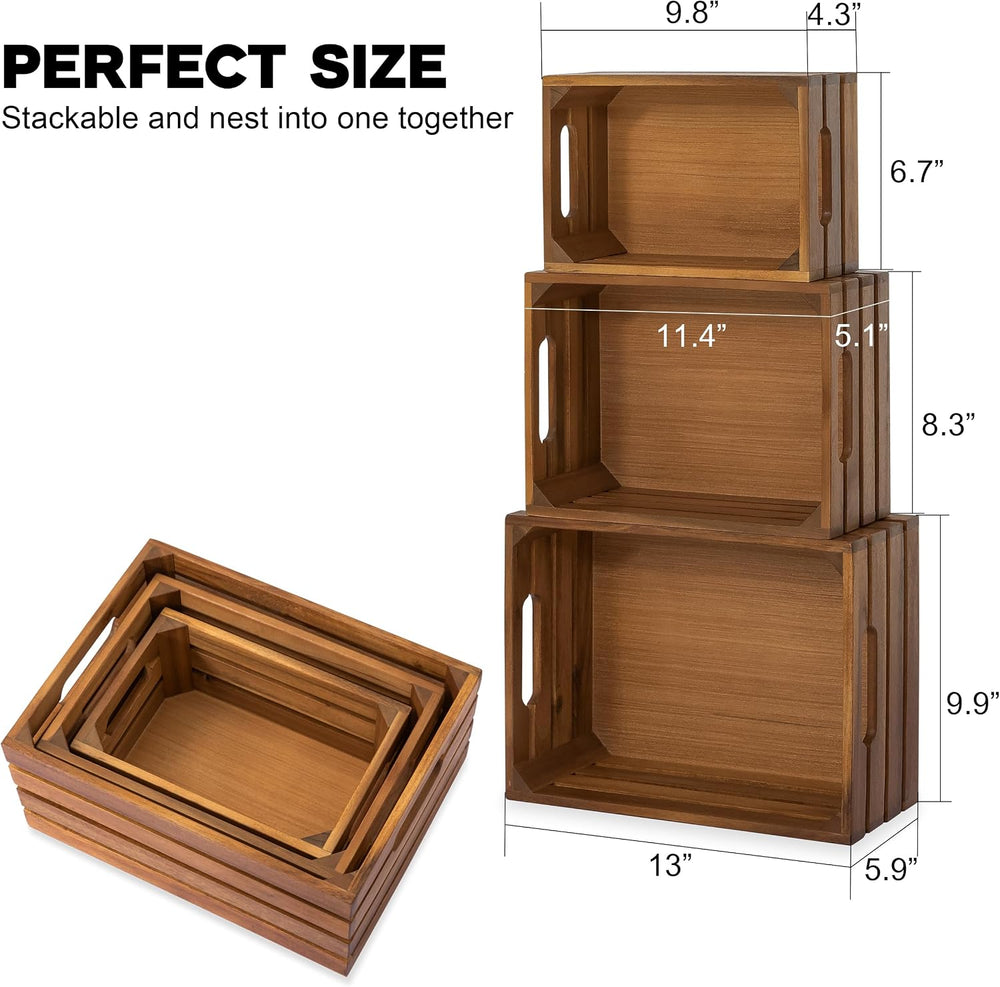 VICTORY RELAX Nesting Wood Storage Crates (Set of 3) - Natural Acacia Wood St...