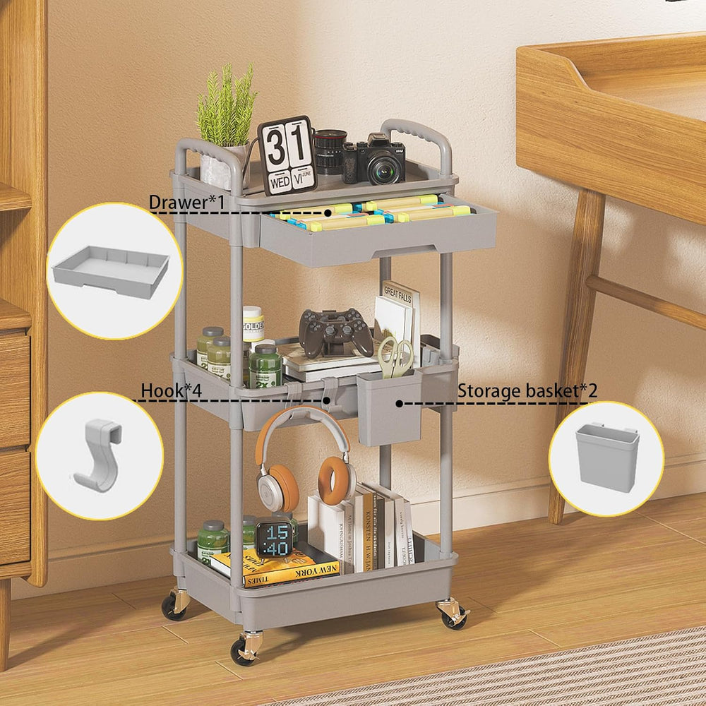3 Tier Rolling Utility Cart with Drawer, Plastic Storage Organizer Rolling Ca...