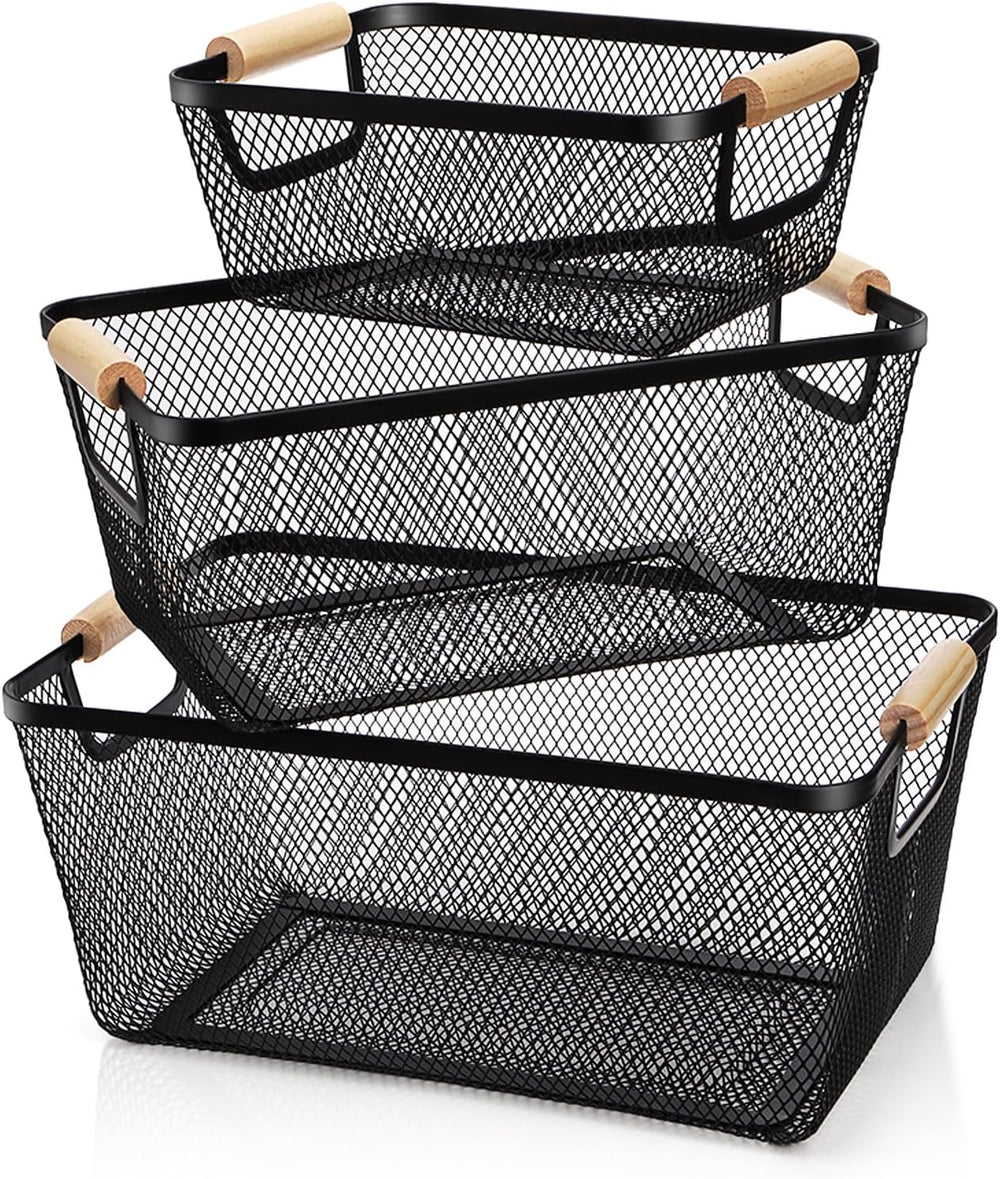 Noamus 3 Pack Metal Mesh Basket with Wooden Handle, Farmhouse Wire Steel Stor...