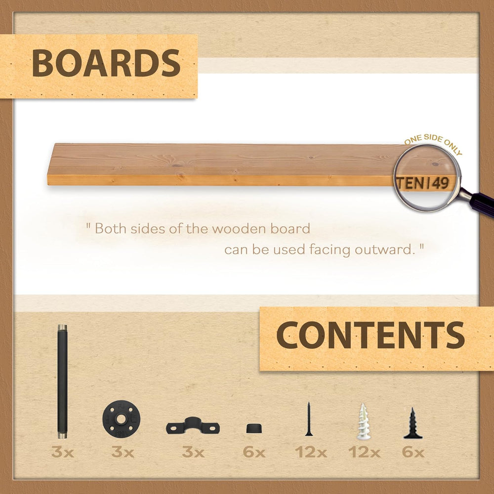 TEN49 Industrial Pipe Wood Wall Shelf - 60" Real Wooden Shelf w/ Special...