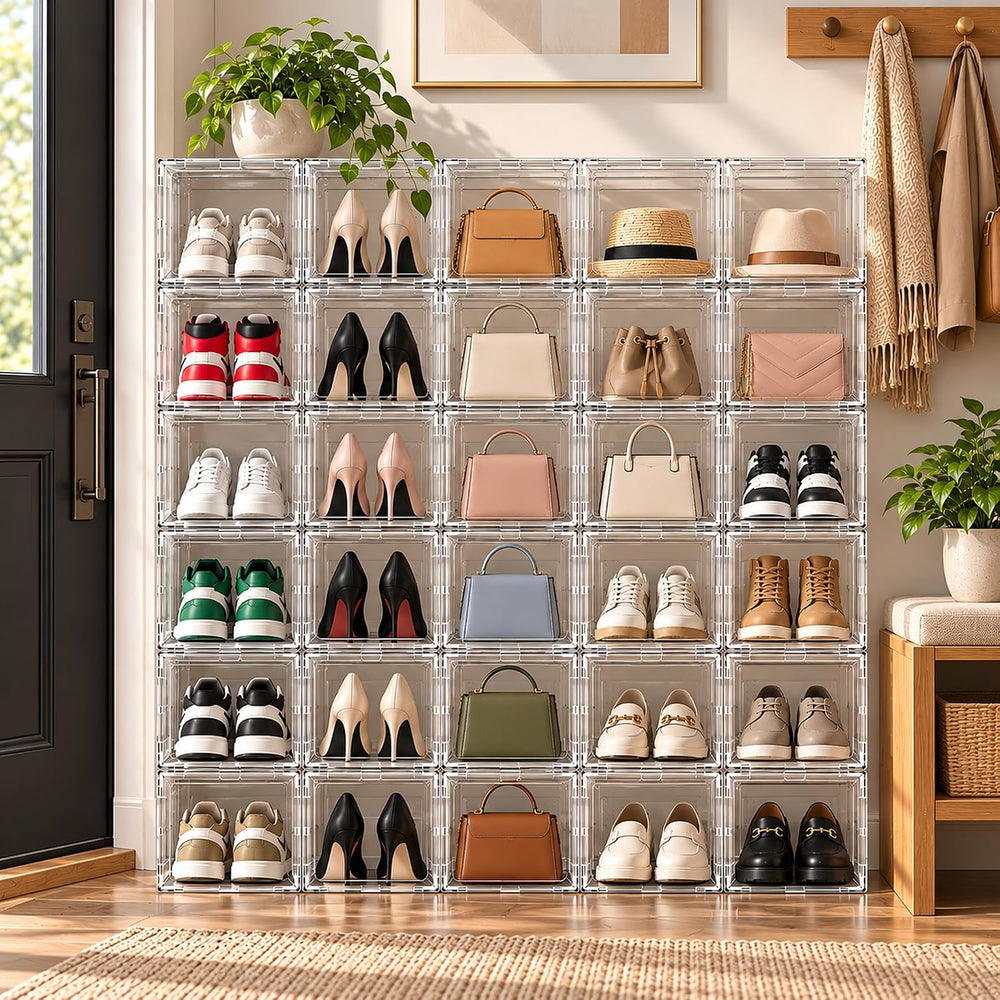 12 Pack Hard Plastic Stackable Clear Shoe Storage Boxes, White