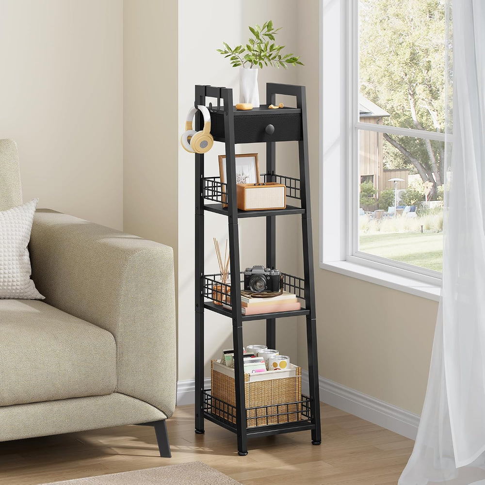 Gewudraw 4-Tier Narrow Bathroom Ladder Shelf with Storage Drawer, Black