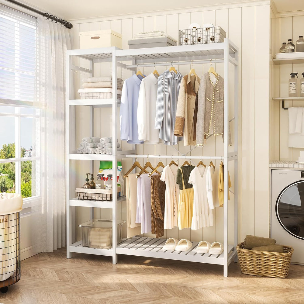 Homykic Bamboo Closet System, 41.4” Wide Clothing Rack, 78.8”H, Pure White