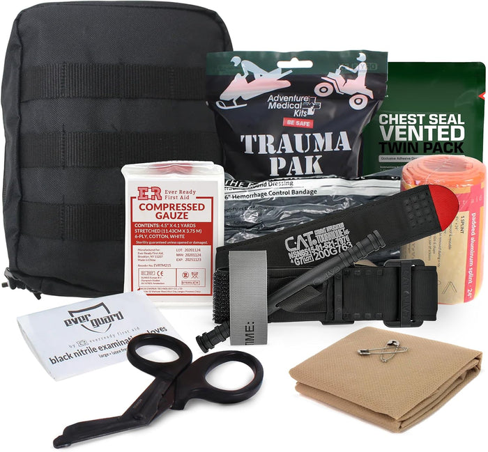 Premium IFAK Trauma First Aid Kit - Military Combat Tactical Molle with C-A-T Tourniquet - Active Shooter Kit with Vented Chest Seal, Emergency Bleeding Control - Black