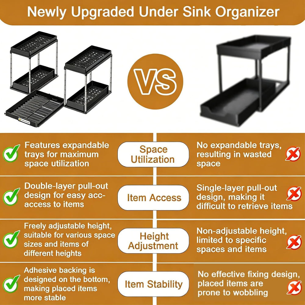 NIUXX Expandable Under Sink Organizer: 2 Tier Height Adjustable