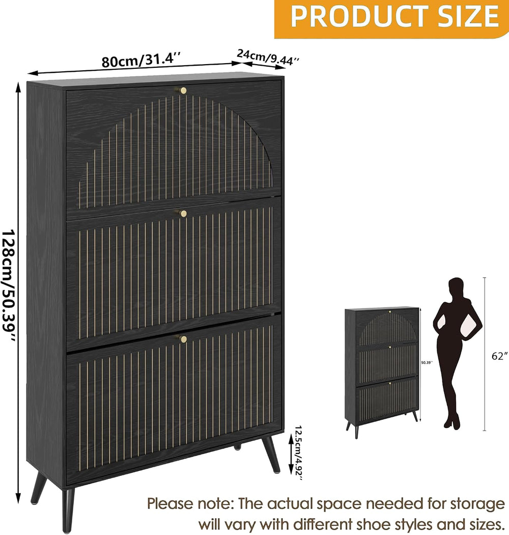 Fsbecl Shoe Storage Cabinet for Entryway with 3 Fluted Flip Drawers, Black