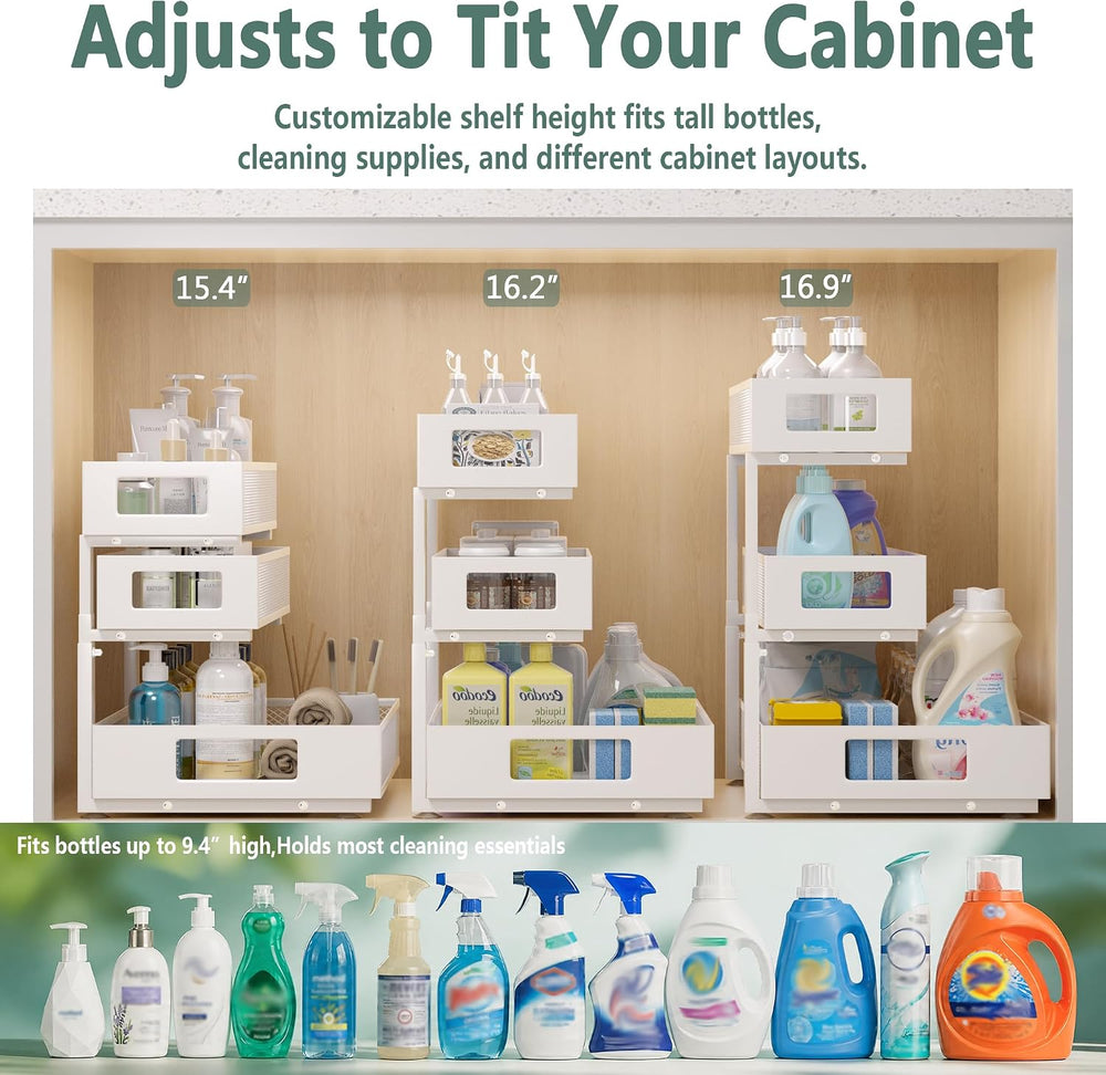 Under Sink Organizer, 3-Tier Height Adjustable Pull Out Cabinet Organizer