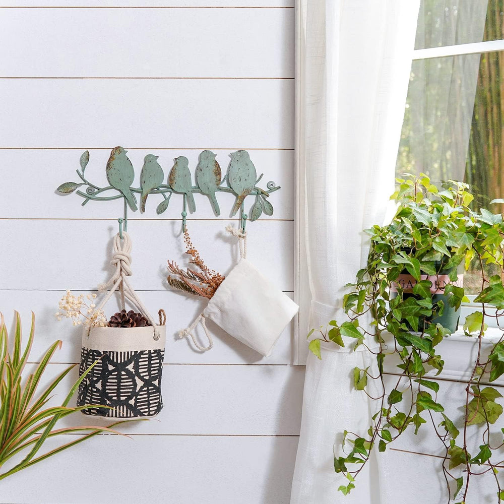 Vintage Metal Wall Mounted Coat Rack with 3 Hooks, Birds on Tree Branch Hange...