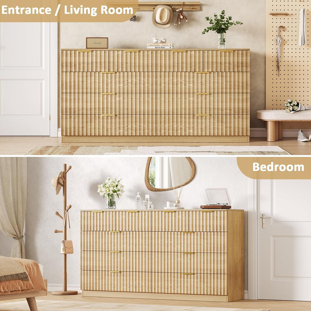 55.1" Wide Fluted 10 Drawer Dresser for Bedroom, Natural
