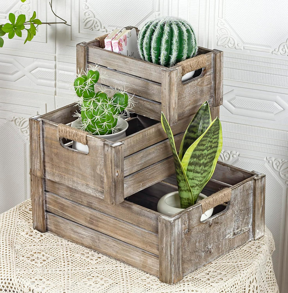 TIMRIS Set of 3 Rustic Wood Nesting Crates, Farmhouse Wooden Storage Containe...
