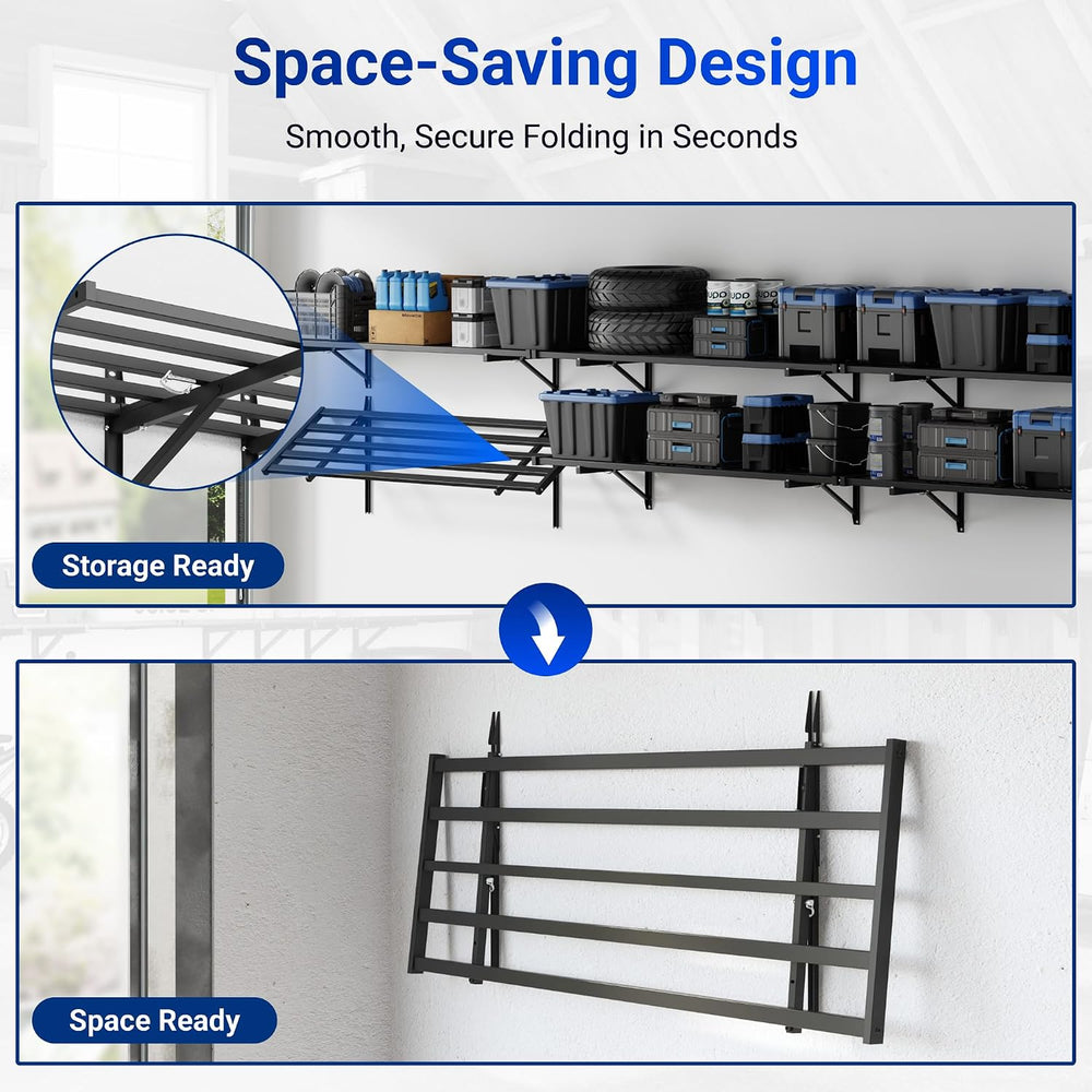 FLEXIMOUNTS Fold-Down 4-Pack 2x4ft Garage Wall Shelving, 600lbs Load, Black