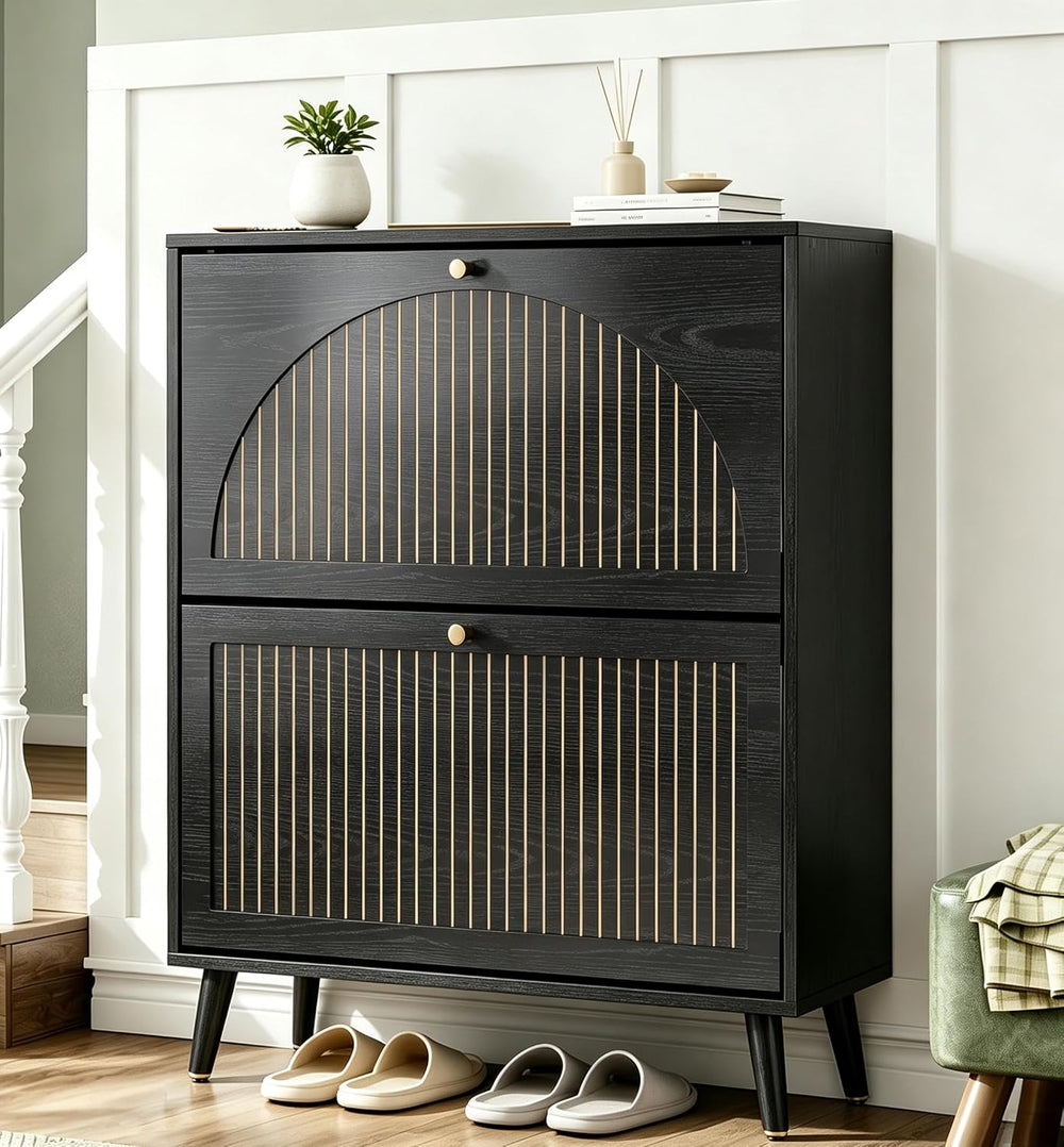 Fsbecl Shoe Storage Cabinet for Entryway with 2 Fluted Flip Drawers,Black