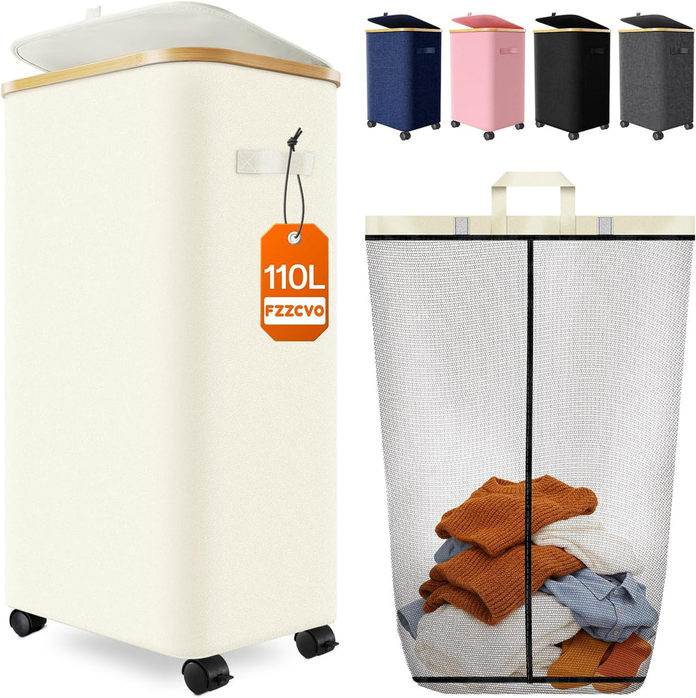Laundry Basket with Wheels, 110L Large Rolling Laundry Hamper for Dorm
