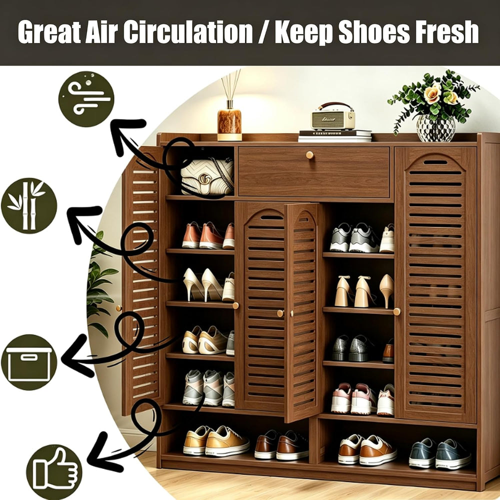 8 Tier Bamboo Shoe Cabinet - Shoe Storage Cabinet with Doors, 40-42 Pairs Bam...