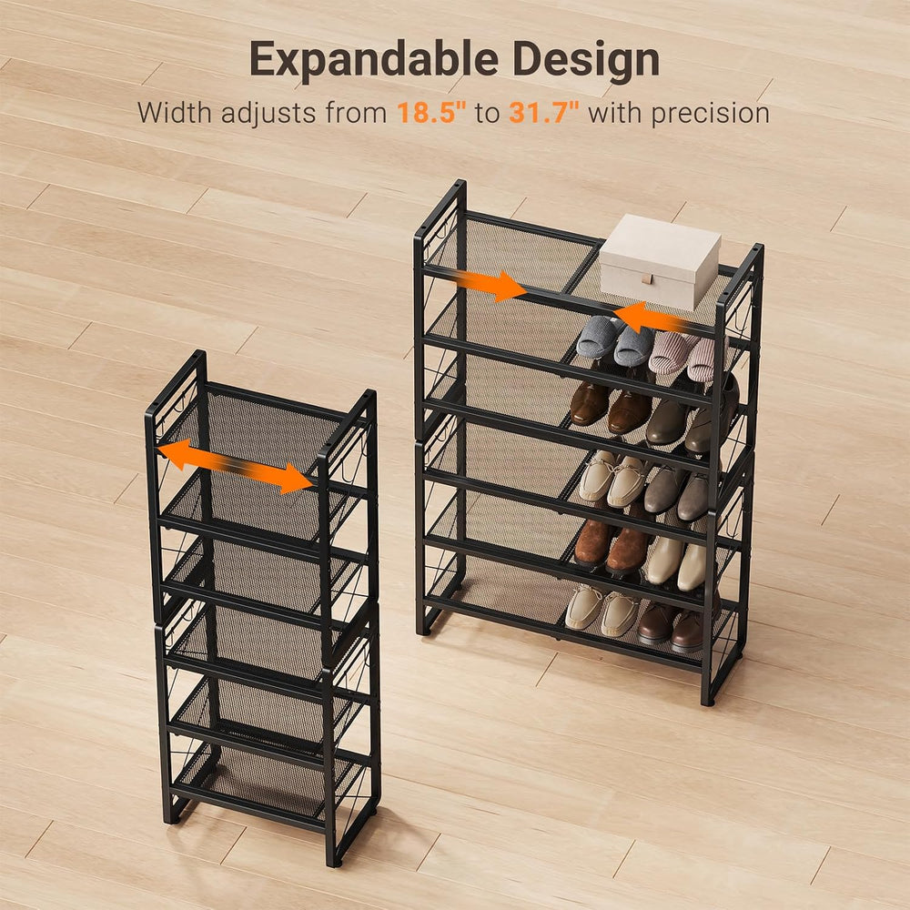 ELYKEN Expandable Shoe Rack for Closet, 6-Tier Metal Black Shoe Organizer