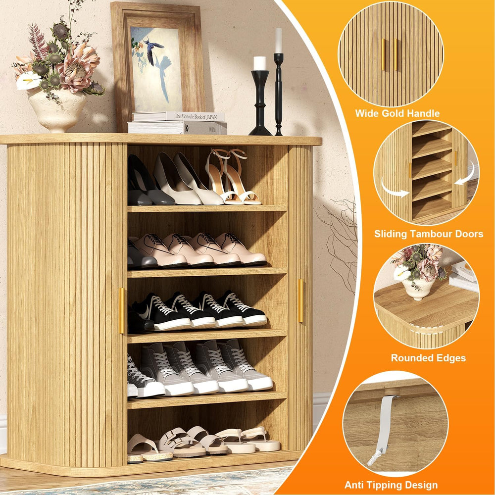 UNIQUITE 5-Tier Sliding Door Shoe Cabinet, Adjustable Shelves Wooden Shoe Sto...