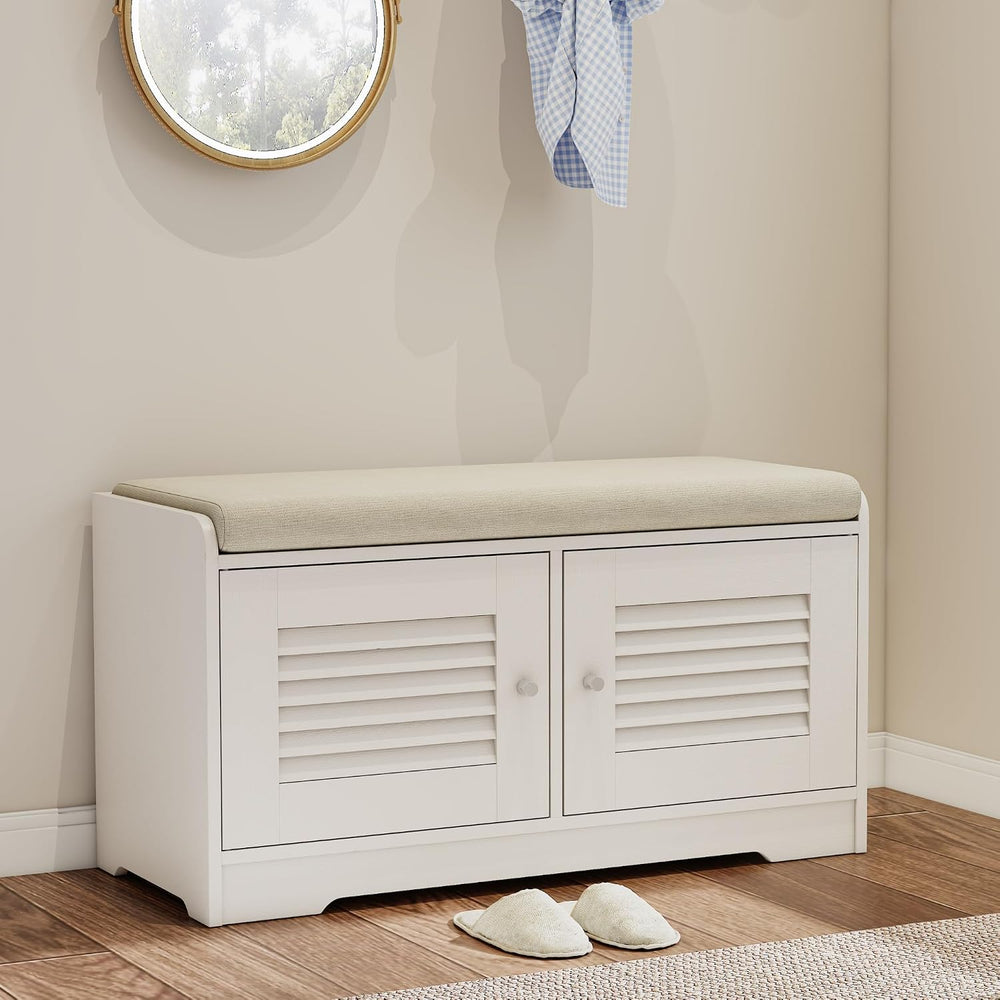 SOFTSEA Shoe Storage Bench with Cushion, 28.7" Entryway Bench with 2 Doo...