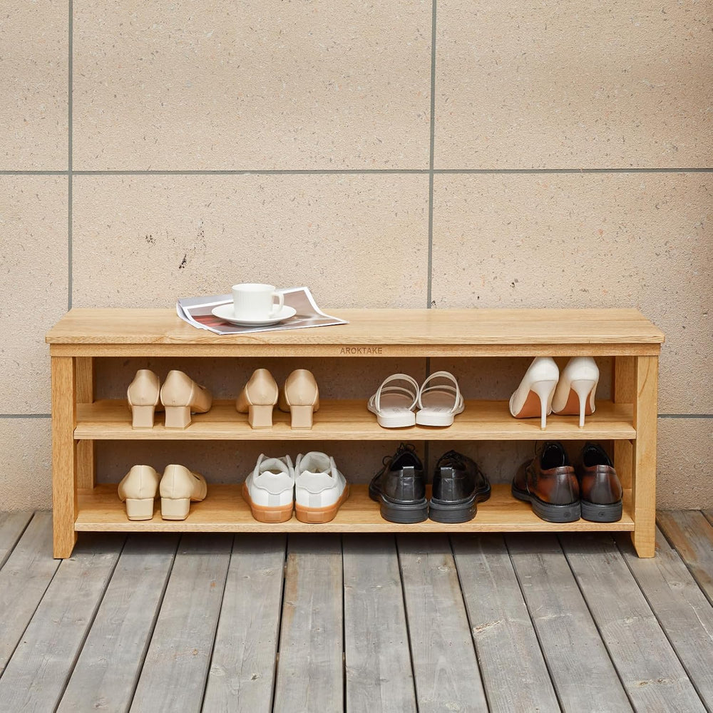 Natural Real Wood Shoe Rack Storage Bench, 11.81"x 45.7"x 16.54"