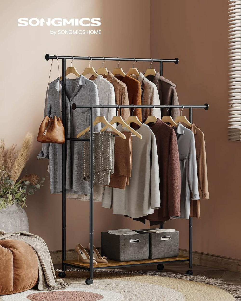 SONGMICS Clothes Rack with Wheels, Steel Garment Rack with Shelf
