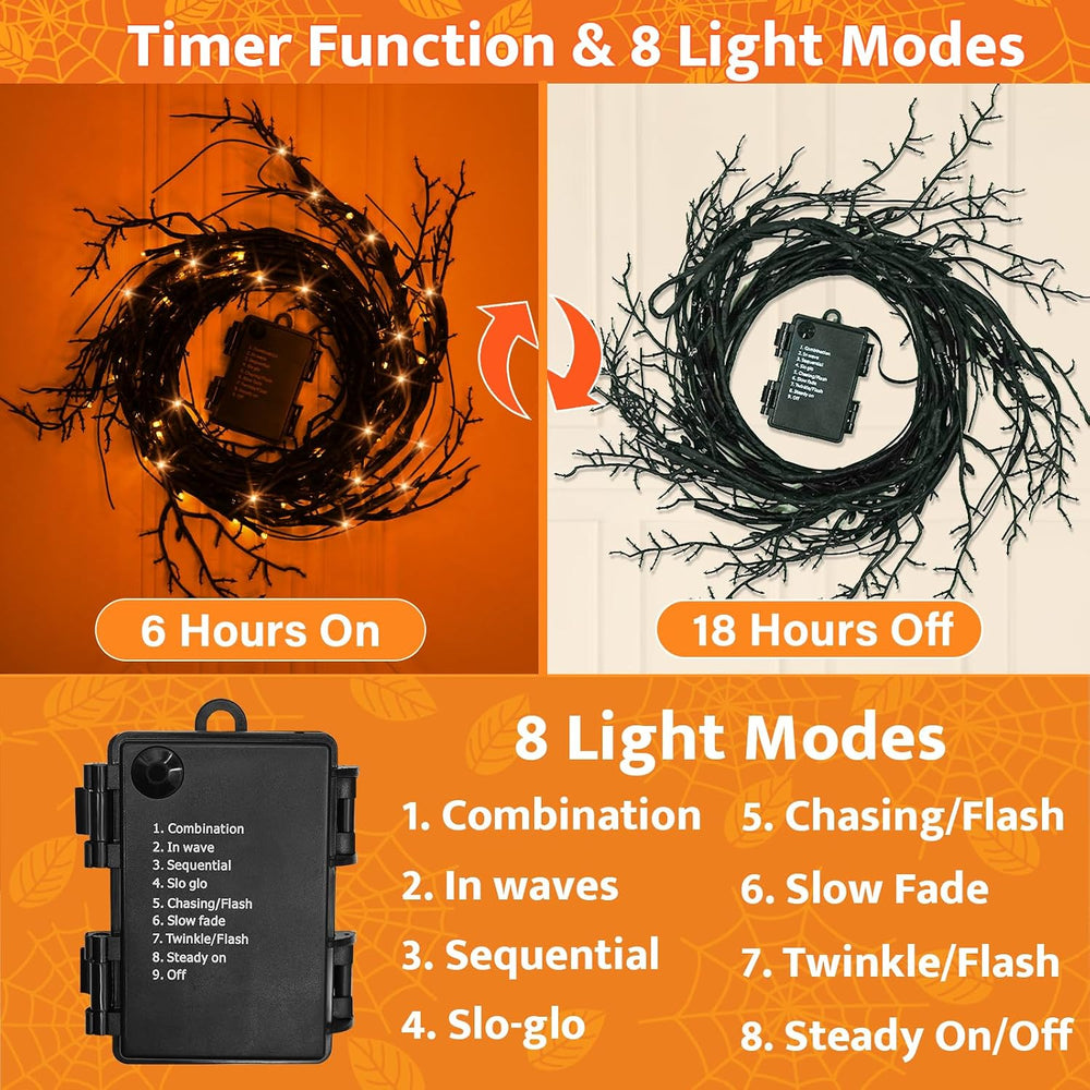 [8 Modes & Timer] 9 Ft Halloween Garland Willow Vine Twig Decor with 72 L...