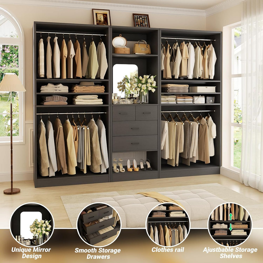 Unikito 97” Closet System with Mirror & 4 Drawers, 8.1FT Heavy Duty Wood ...
