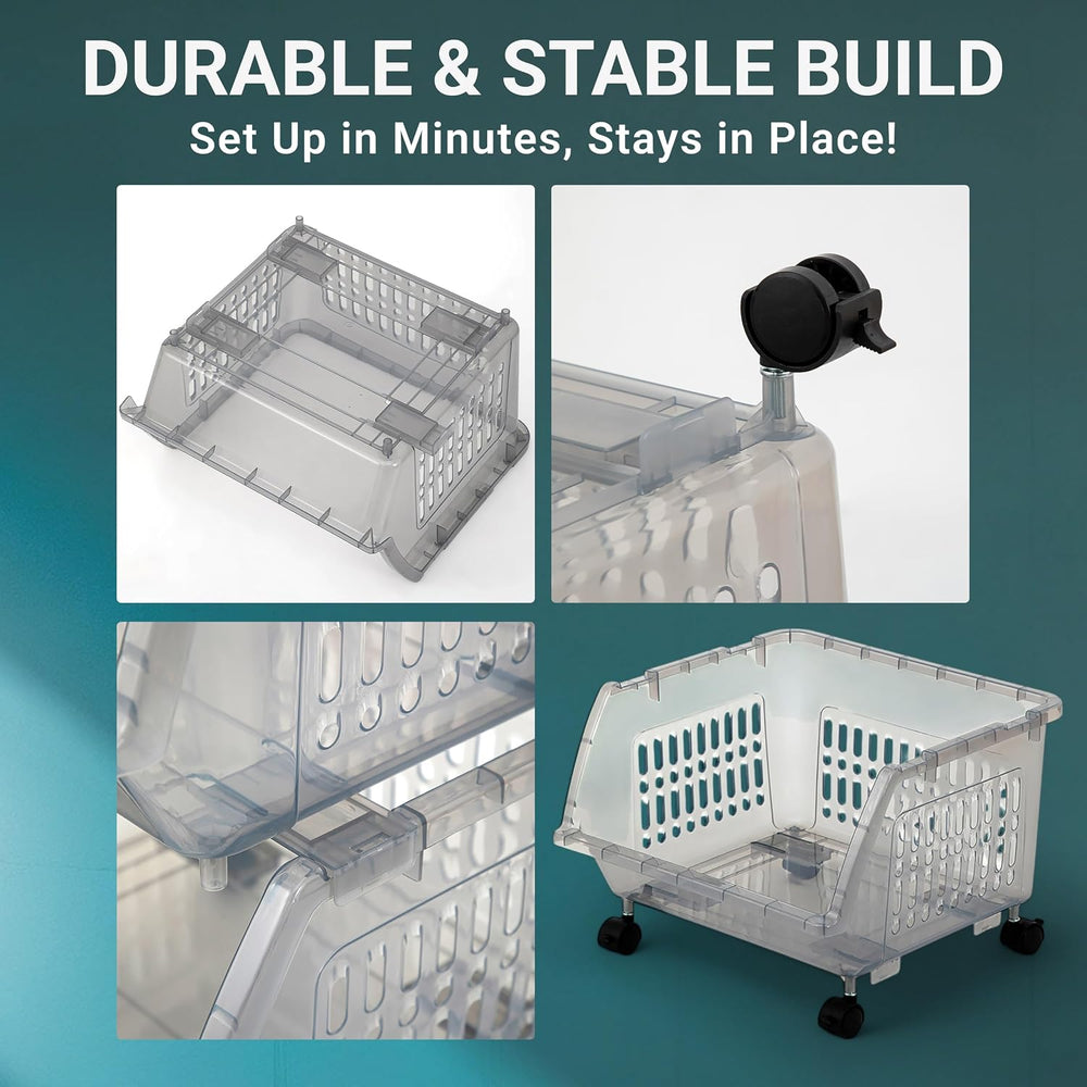 Large Stackable Storage Bins Open Front with Wheels, 4 Pack - Light Grey