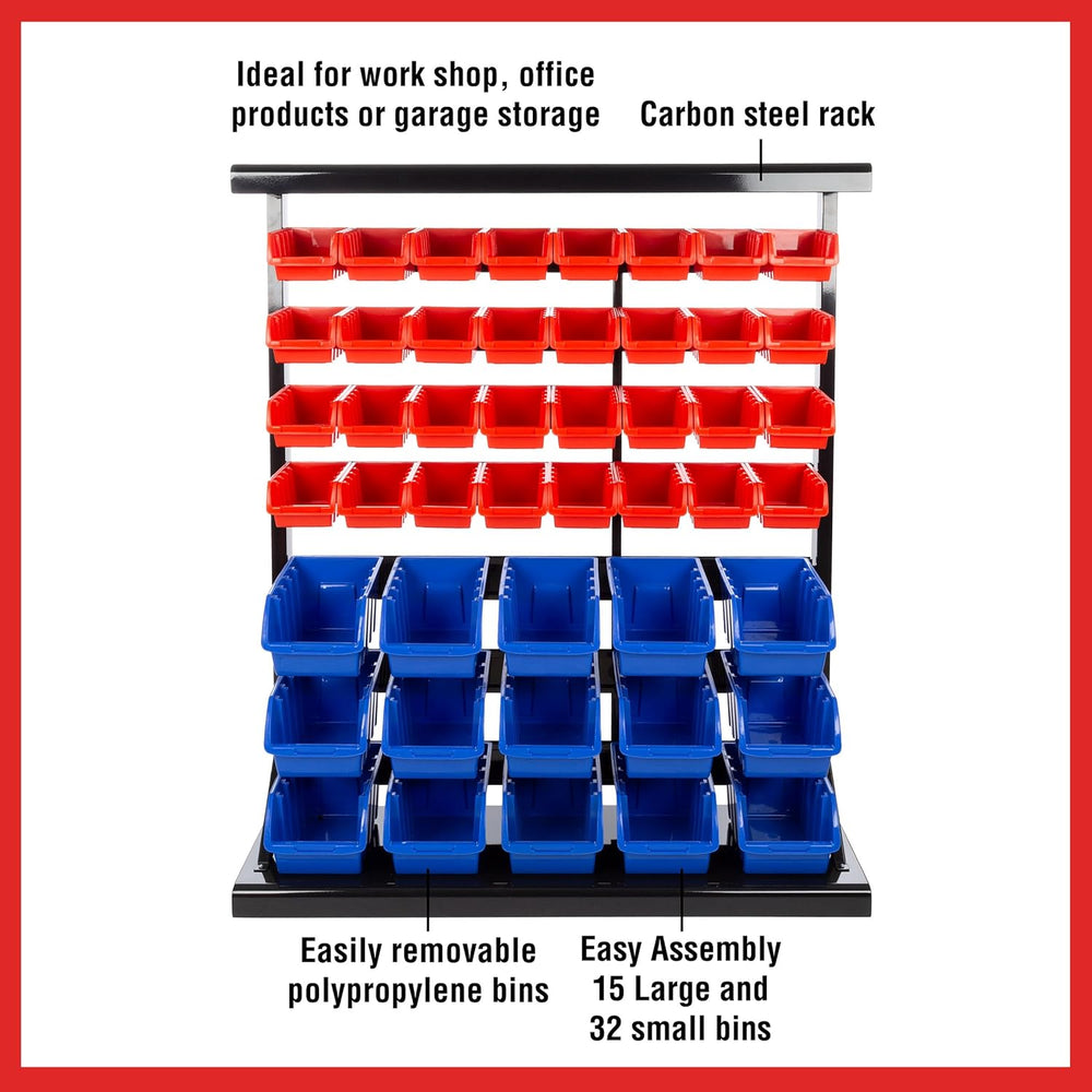 47-Bin Garage Organization Rack (15 Large, 32 Small) - Tabletop or Wall Mount...