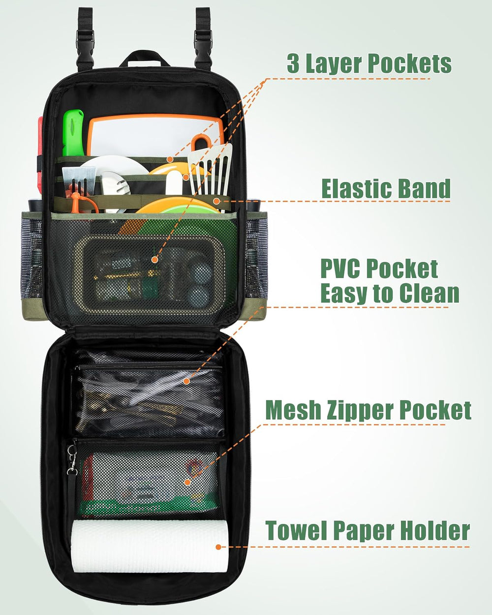 Marscamd Camp Kitchen Organizer Backpack with Paper Towel Holder, Black
