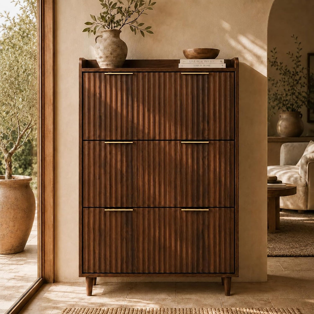 VINGLI Fluted Shoe Storage Cabinet for Entryway with 3 Flip Drawers, Narrow S...