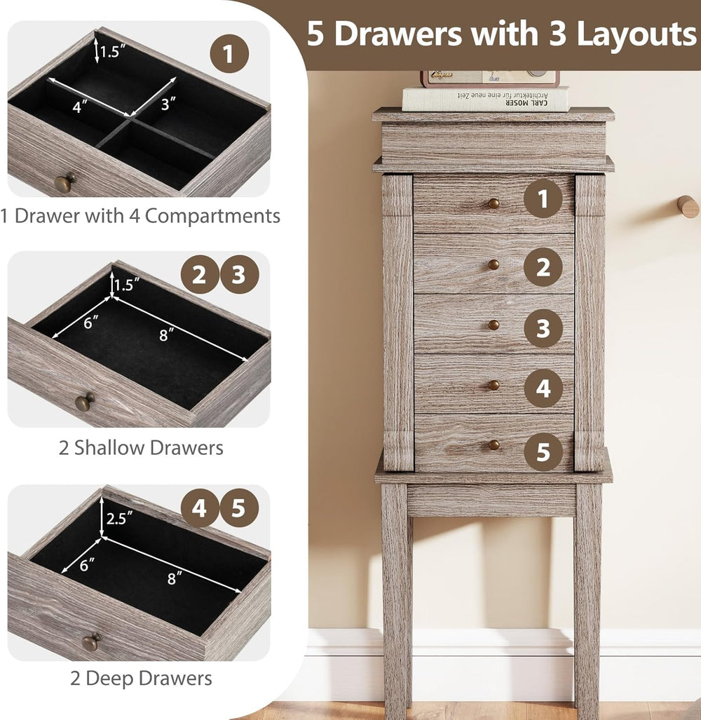 GIANTEX Standing Jewelry Cabinet, Flip Top Mirror, 5 Drawers & Swing Doors