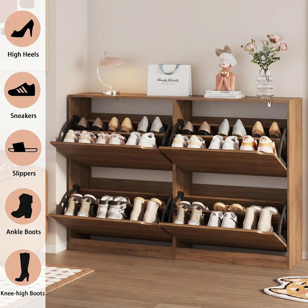 Walnut Hidden Shoe Storage Cabinet for Entryway with 4 Flip Drawers