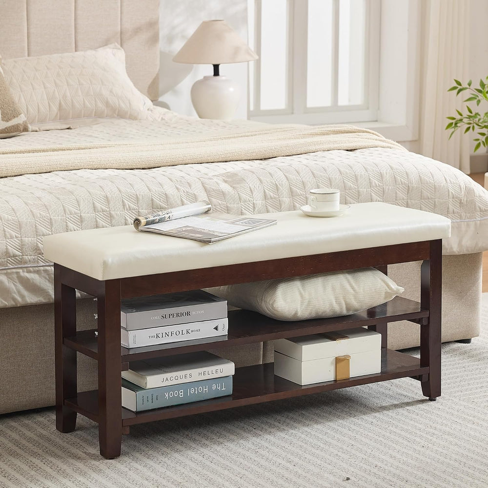 40" Solid Wood Shoe Storage Bench, 2 Tier Shoe Rack for Entryway, Beige