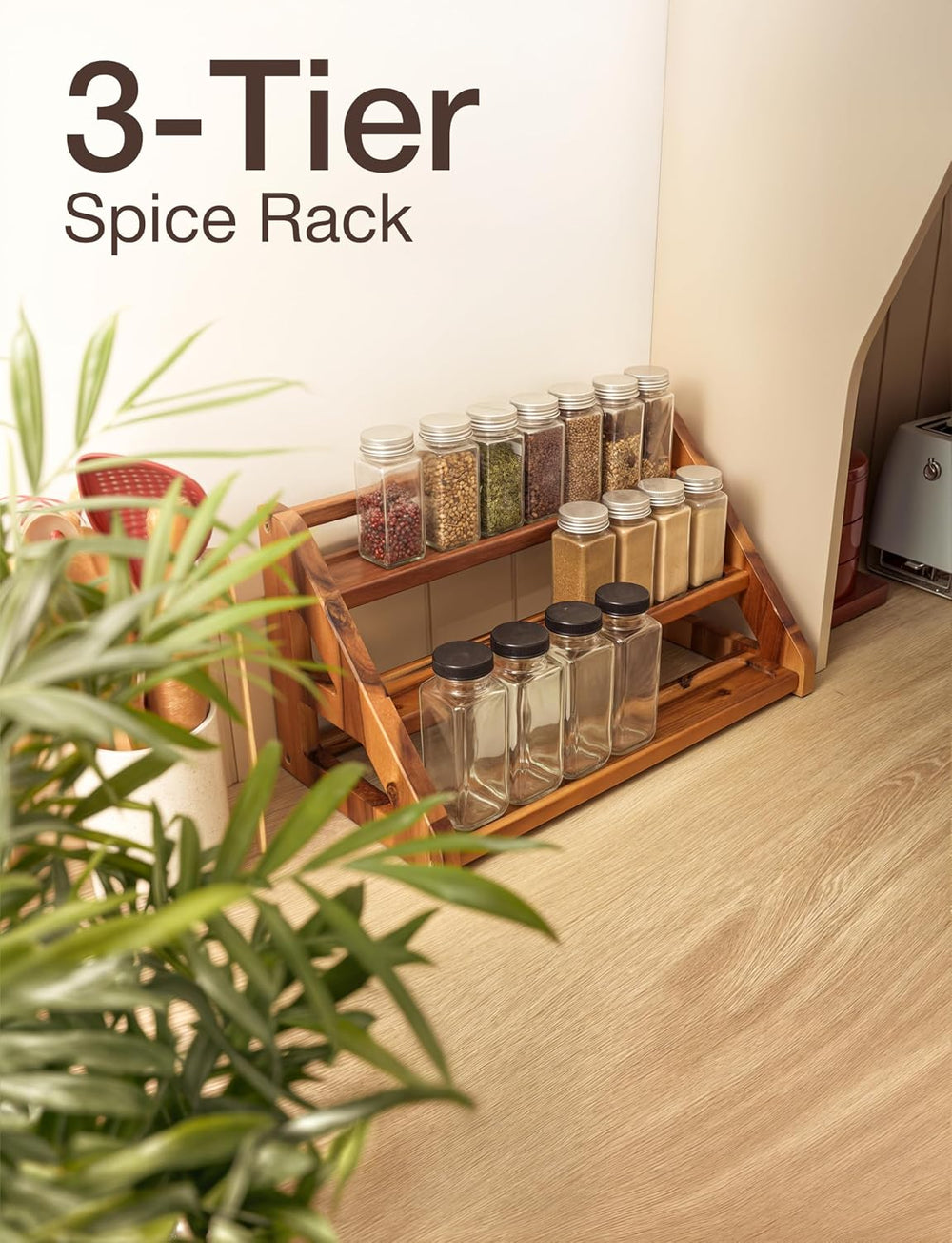 Tinamo Acacia Wood Spice Rack for Countertop, 3-Tier Design, Holds 24 Jars