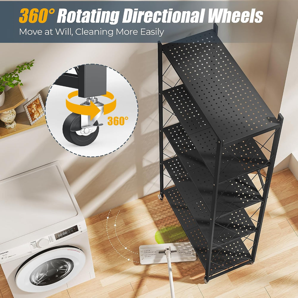 Fenbeli 5 Tier Storage Shelf with Wheels - Metal Collapsible Shelving Unit Di...
