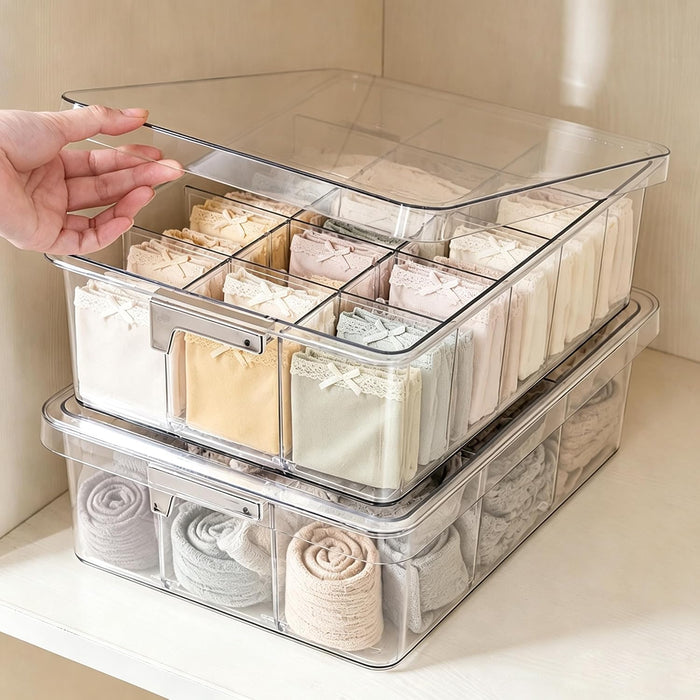 Socks Bra Underwear Drawer Organizer for Closet, 2 PCS Plastic Storage Box with 15 Removable Compartments and Lid, Clear Dresser Drawer Organizer Storage Container with Dividers for Sock Ties Belts