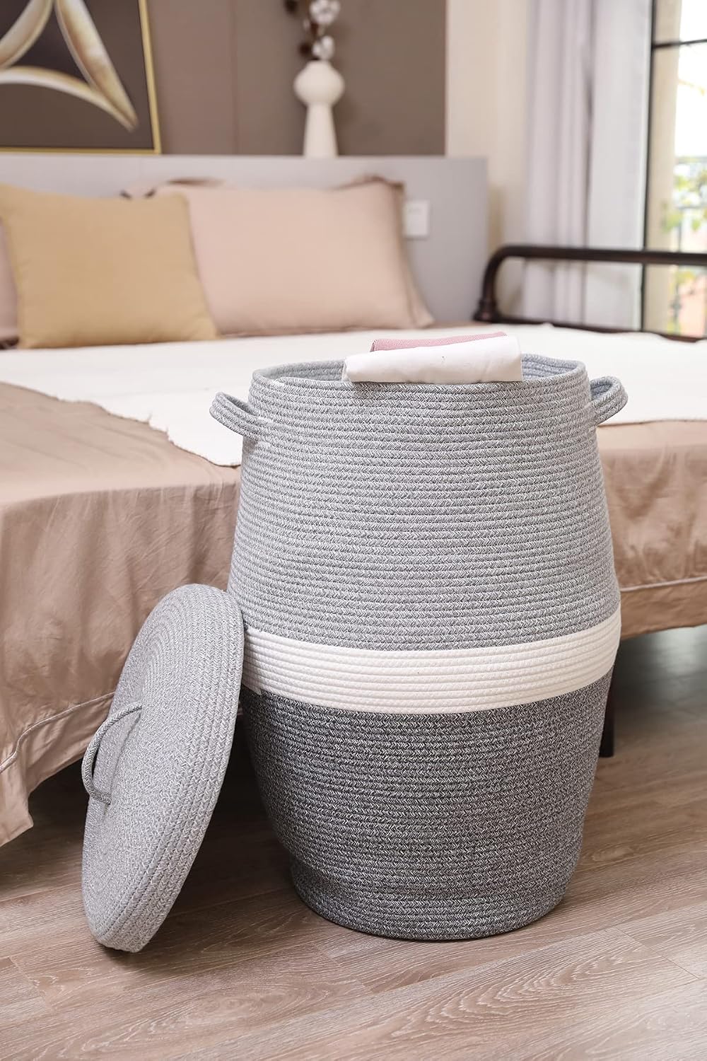 26"x20" Extra Large Tall Woven Laundry Basket with Lid, Cotton Rope...